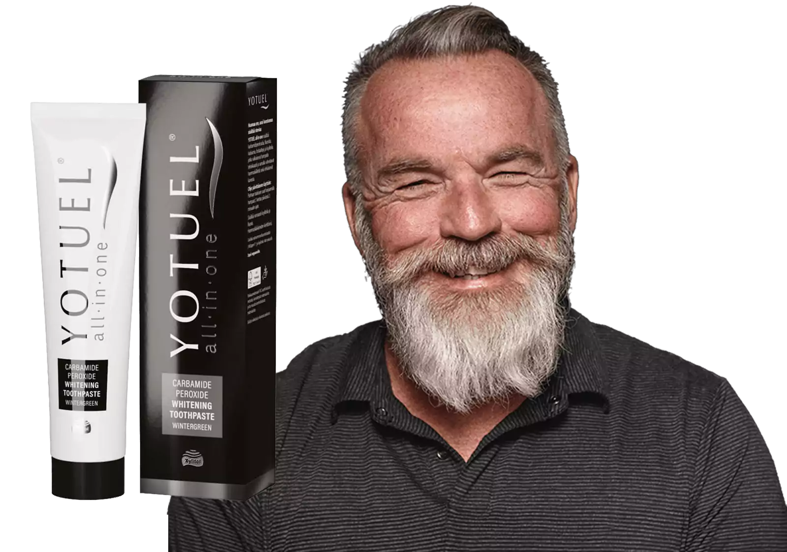 Parrakas hymyilevä mies ja Yotuel All-in-one Wintergreen tuubi ja ulkopakkaus