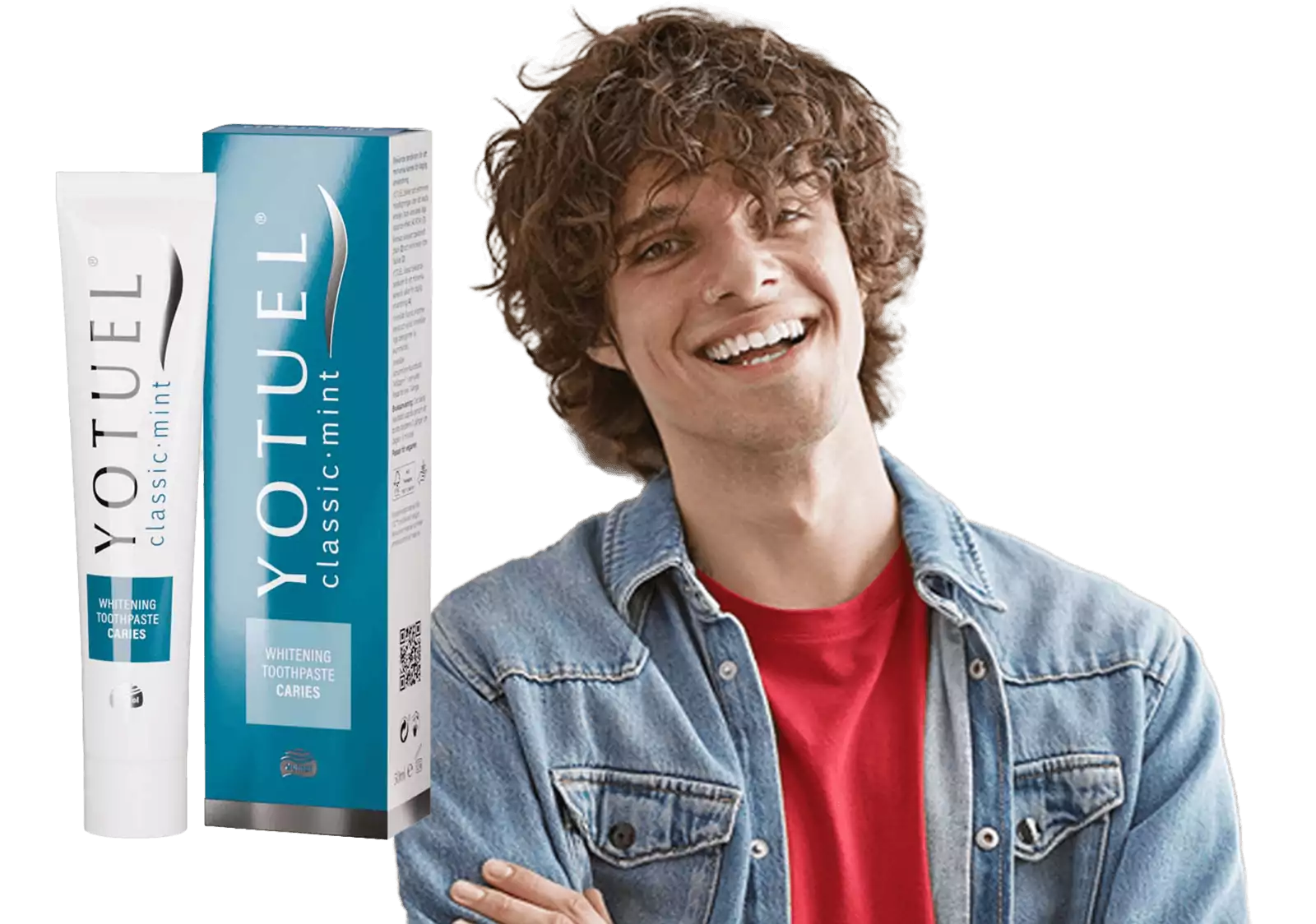 Hymyilevä nuori mies ja Yotuel Classic tuubi ja ulkopakkaus