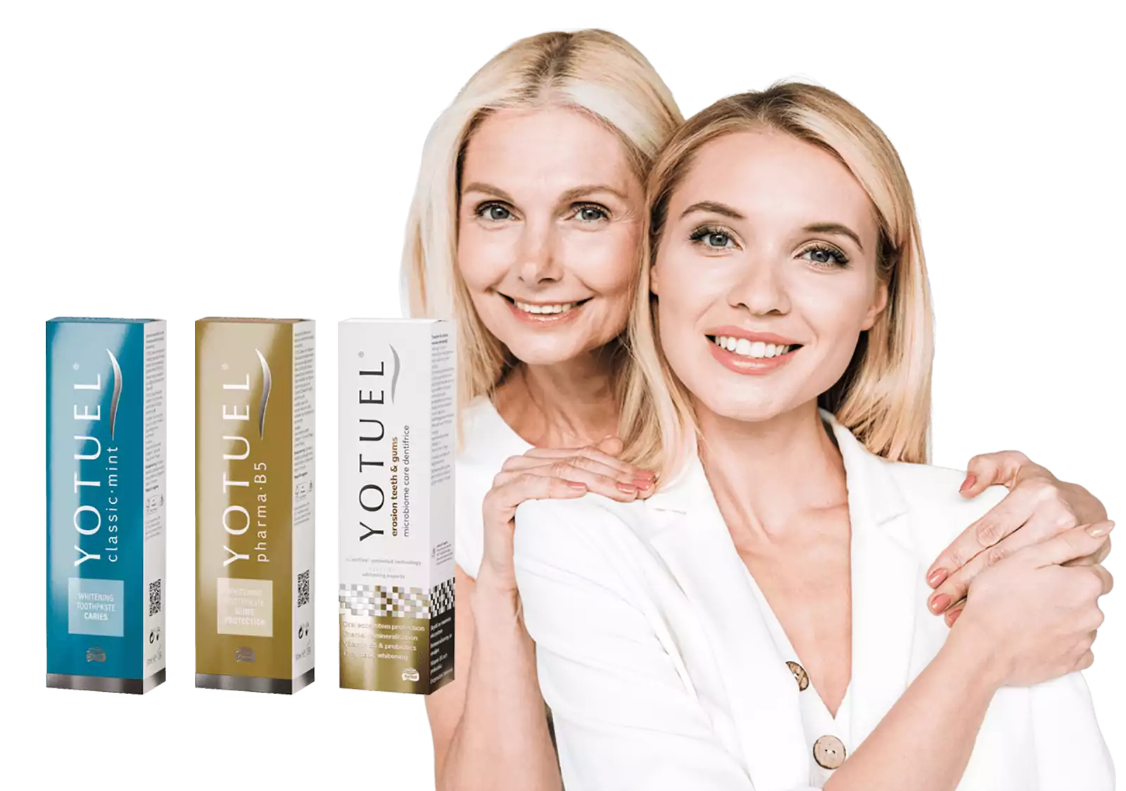 Äiti, tytär ja Yotuelin tummentumia poistavat hammastahnat eli Yotuel Classic, Yotuel Pharma ja Yotuel Erosion
